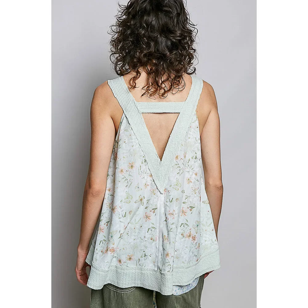 POL Floral V-Neck Tank with Front Pocket